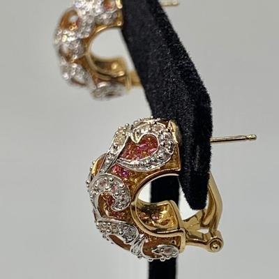 LOT 35: 14k 9.79g Yellow Gold Pink Sapphires & Diamonds Lever Back Pierced Earrings