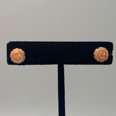 LOT 38: 14k 1.4g Vintage Carved Coral Rose Pierced Post Earrings