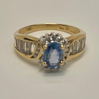 LOT 40: 14k 3.65g Sapphire Diamond Halo & Baguette's - Size 7.5