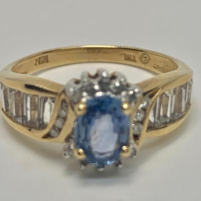 LOT 40: 14k 3.65g Sapphire Diamond Halo & Baguette's - Size 7.5