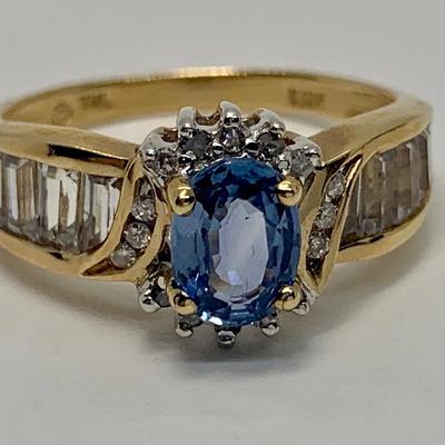 LOT 40: 14k 3.65g Sapphire Diamond Halo & Baguette's - Size 7.5