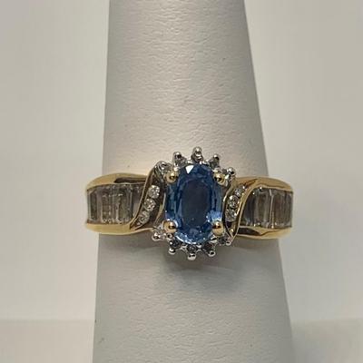 LOT 40: 14k 3.65g Sapphire Diamond Halo & Baguette's - Size 7.5
