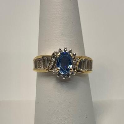 LOT 40: 14k 3.65g Sapphire Diamond Halo & Baguette's - Size 7.5