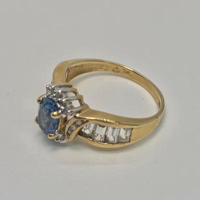 LOT 40: 14k 3.65g Sapphire Diamond Halo & Baguette's - Size 7.5