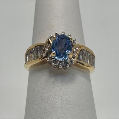 LOT 40: 14k 3.65g Sapphire Diamond Halo & Baguette's - Size 7.5