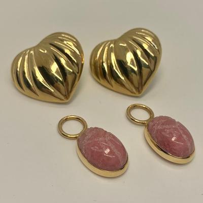 LOT 41: 14k 2.66g Heart Pierced Earrings w/Removable Rose Quartz Scarab Danglers 4.20g tw