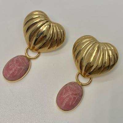 LOT 41: 14k 2.66g Heart Pierced Earrings w/Removable Rose Quartz Scarab Danglers 4.20g tw