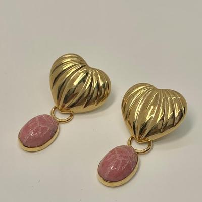 LOT 41: 14k 2.66g Heart Pierced Earrings w/Removable Rose Quartz Scarab Danglers 4.20g tw
