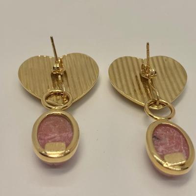 LOT 41: 14k 2.66g Heart Pierced Earrings w/Removable Rose Quartz Scarab Danglers 4.20g tw
