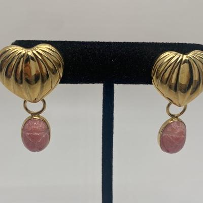 LOT 41: 14k 2.66g Heart Pierced Earrings w/Removable Rose Quartz Scarab Danglers 4.20g tw