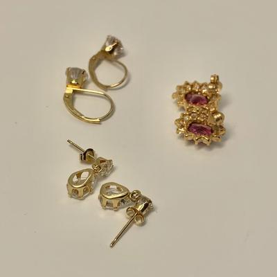 LOT 50: 14k 4.8g Pink Tourmaline & CZ Halo & 2 Pair CZ Pierced Earrings
