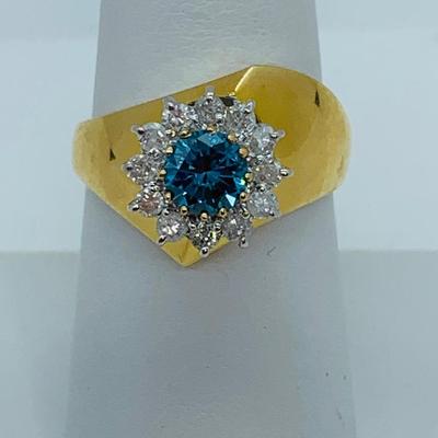 LOT 78: 14K Gold Teal Blue Montana Sapphire With Diamond Halo - Size 8 - 5.08 gtw