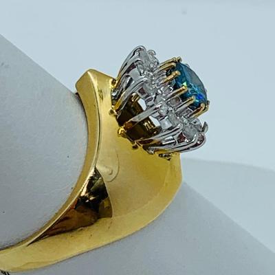 LOT 78: 14K Gold Teal Blue Montana Sapphire With Diamond Halo - Size 8 - 5.08 gtw