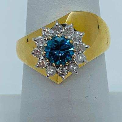LOT 78: 14K Gold Teal Blue Montana Sapphire With Diamond Halo - Size 8 - 5.08 gtw