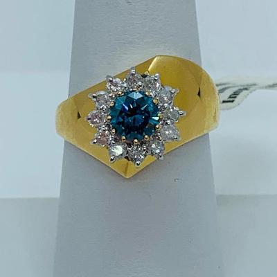LOT 78: 14K Gold Teal Blue Montana Sapphire With Diamond Halo - Size 8 - 5.08 gtw