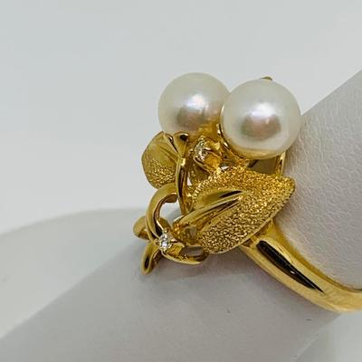 LOT 89: Cultured Pearl, Druzy & Diamond Chip 14K Gold Ring - Size 7 - 5.2 gtw
