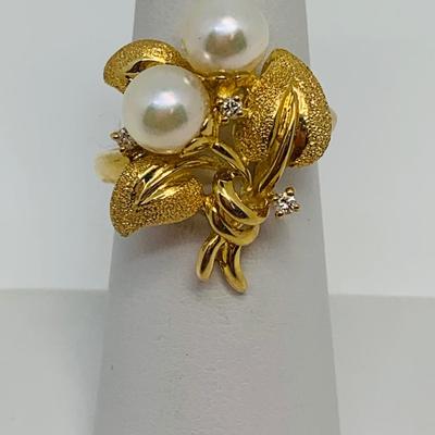 LOT 89: Cultured Pearl, Druzy & Diamond Chip 14K Gold Ring - Size 7 - 5.2 gtw