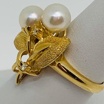 LOT 89: Cultured Pearl, Druzy & Diamond Chip 14K Gold Ring - Size 7 - 5.2 gtw