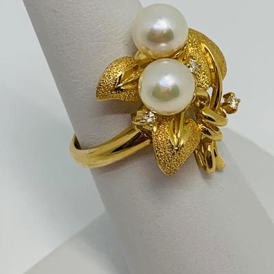 LOT 89: Cultured Pearl, Druzy & Diamond Chip 14K Gold Ring - Size 7 - 5.2 gtw