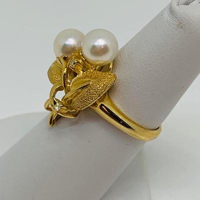 LOT 89: Cultured Pearl, Druzy & Diamond Chip 14K Gold Ring - Size 7 - 5.2 gtw