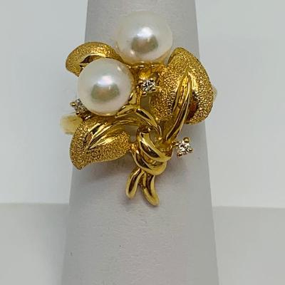 LOT 89: Cultured Pearl, Druzy & Diamond Chip 14K Gold Ring - Size 7 - 5.2 gtw