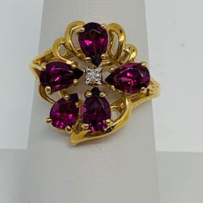 LOT 96: 14K Gold and Pink/Purple Sapphire w/ Diamond Chips Ring - Size 7 - 3.58 gtw