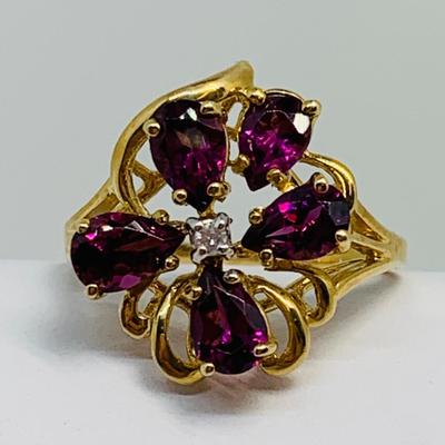 LOT 96: 14K Gold and Pink/Purple Sapphire w/ Diamond Chips Ring - Size 7 - 3.58 gtw