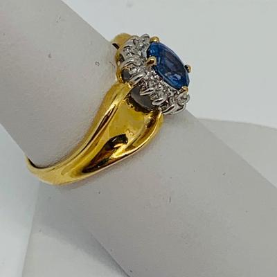 LOT 108: 14K Gold Tanzanite w/ Diamond Halo Size 7.5 Ring - 3.5 gtw