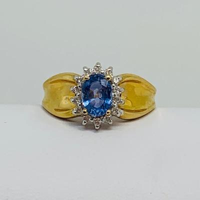 LOT 108: 14K Gold Tanzanite w/ Diamond Halo Size 7.5 Ring - 3.5 gtw
