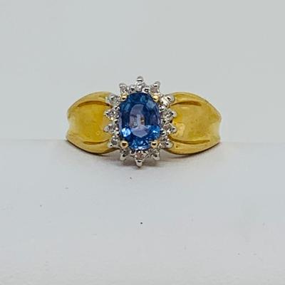 LOT 108: 14K Gold Tanzanite w/ Diamond Halo Size 7.5 Ring - 3.5 gtw