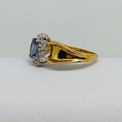 LOT 108: 14K Gold Tanzanite w/ Diamond Halo Size 7.5 Ring - 3.5 gtw