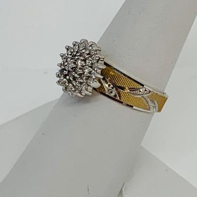 LOT 115: - 4.23g tw 10K EV 21 Diamond Cluster Ring -  two tone band - Size 7
