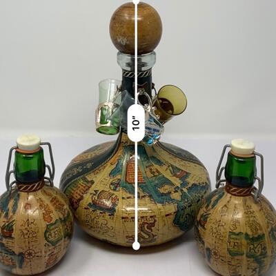 Vintage Old World Map Decanter with Stopper, Two Small Decanters, and Three Shot Glasses