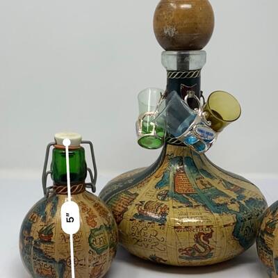 Vintage Old World Map Decanter with Stopper, Two Small Decanters, and Three Shot Glasses