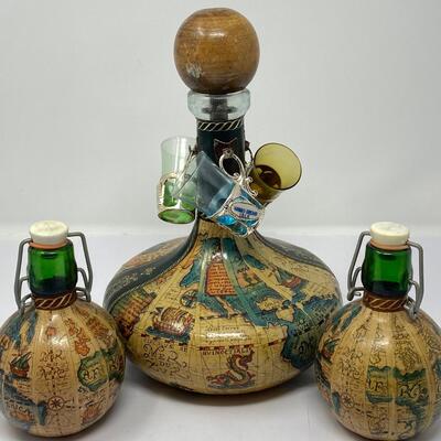 Vintage Old World Map Decanter with Stopper, Two Small Decanters, and Three Shot Glasses