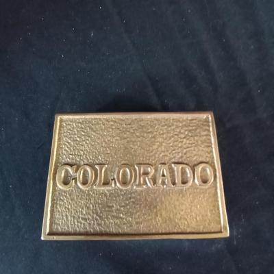 BRASS BOX MARKED COLORADO-SMALL BRASS EAGLE FIGURINE-TRAY AND WATCH ON STAND