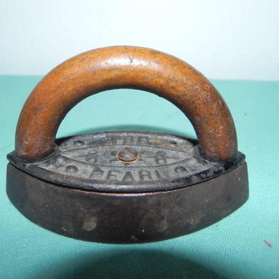 VINTAGE WOODEN MUSIC BOX AND CAST IRON CLOTHES IRON