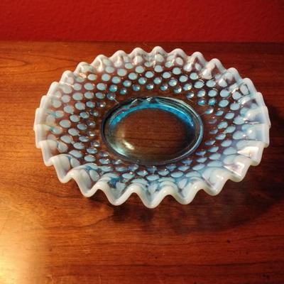 Vintage Fenton Opalescent Blue Hobnail Bon Bon Candy Dish Crimped Edge Ca.1950's