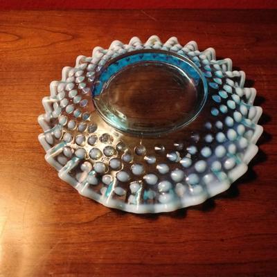 Vintage Fenton Opalescent Blue Hobnail Bon Bon Candy Dish Crimped Edge Ca.1950's