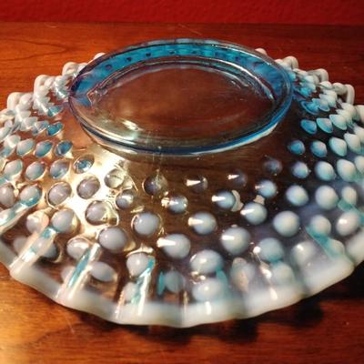 Vintage Fenton Opalescent Blue Hobnail Bon Bon Candy Dish Crimped Edge Ca.1950's