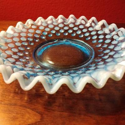 Vintage Fenton Opalescent Blue Hobnail Bon Bon Candy Dish Crimped Edge Ca.1950's