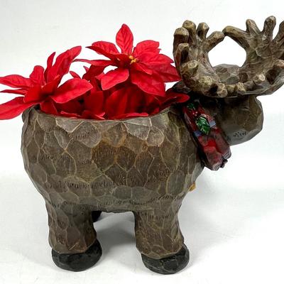 Hand carved wood moose figurine with poinsettias Christmas decor