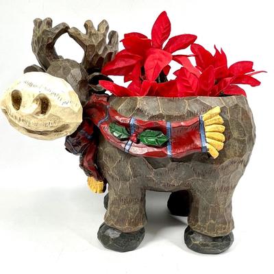 Hand carved wood moose figurine with poinsettias Christmas decor