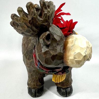 Hand carved wood moose figurine with poinsettias Christmas decor