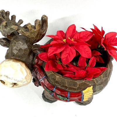 Hand carved wood moose figurine with poinsettias Christmas decor