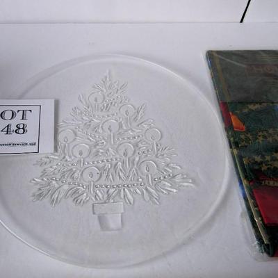Christmas Tree Plate and Unused 52" Square Christmas Tablecloth