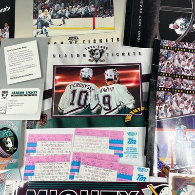 Lot of Mighty Ducks NHL Tickets, Bumper Sticker, Commemorative Game Programs, & More