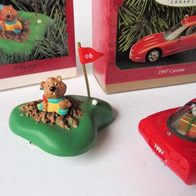 2 Hallmark Christmas Ornaments: 1997 Corvette and I Dig Golf Clip-on, 1996