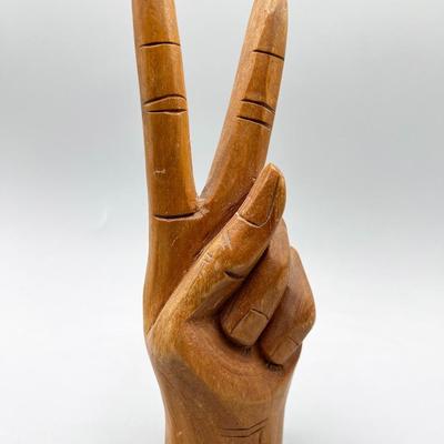 Retro Carved Wood Hand Holding Peace Sign Jewelry Ring Vanity Display Figurine
