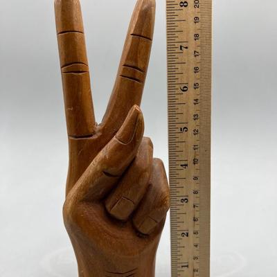 Retro Carved Wood Hand Holding Peace Sign Jewelry Ring Vanity Display Figurine